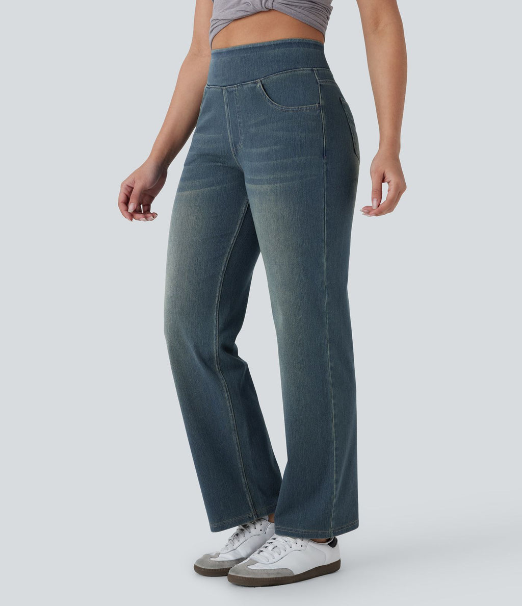 Jean décontracté Halara Flex™ taille haute, extensible, délavé, jambes droites avec poches multiples