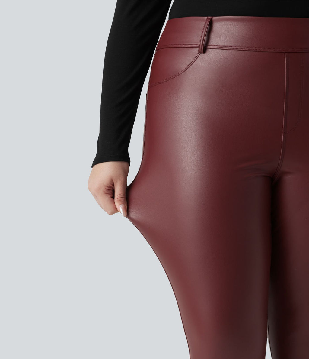 Legging grande taille en simili stretch doublé polaire, taille haute avec poches