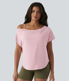 Top de yoga à une épaule, manches courtes, ourlet asymétrique et soutien-gorge intégré à séchage rapide
