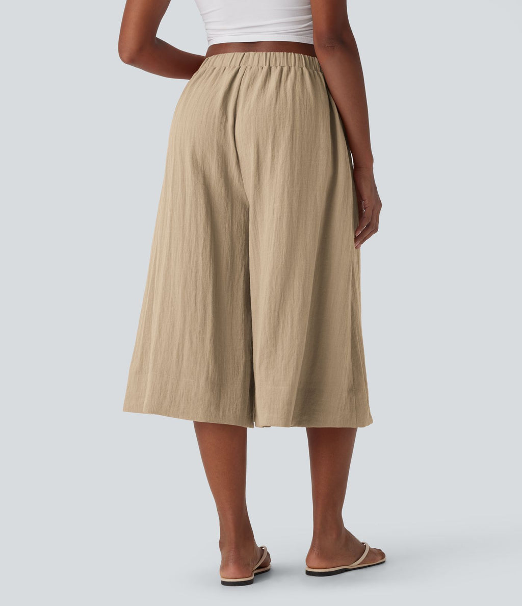 Pantalon fluide large taille mi-haute effet lin avec poche