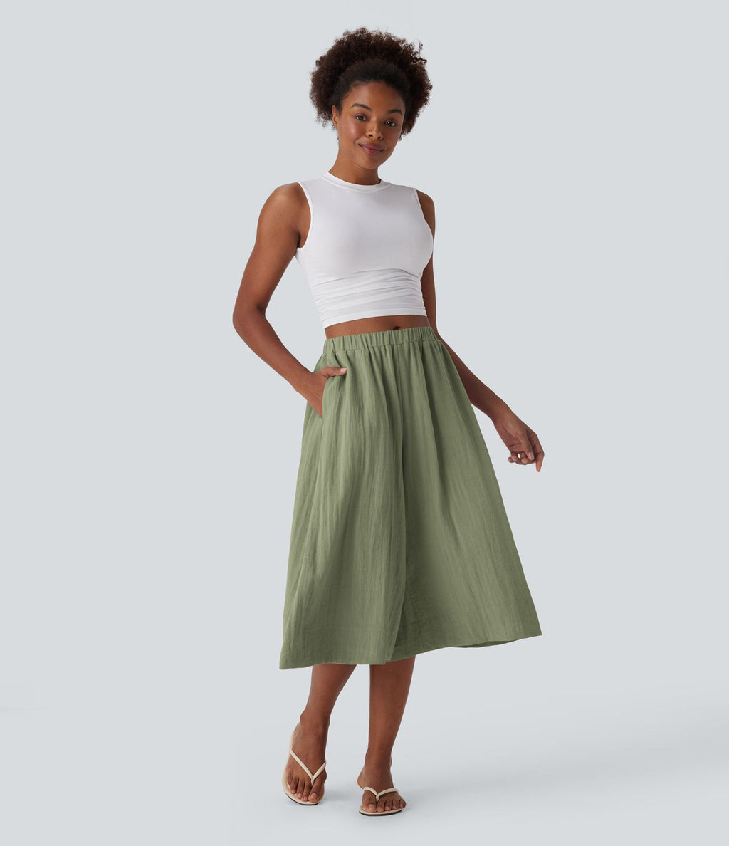 Pantalon fluide large taille mi-haute effet lin avec poche