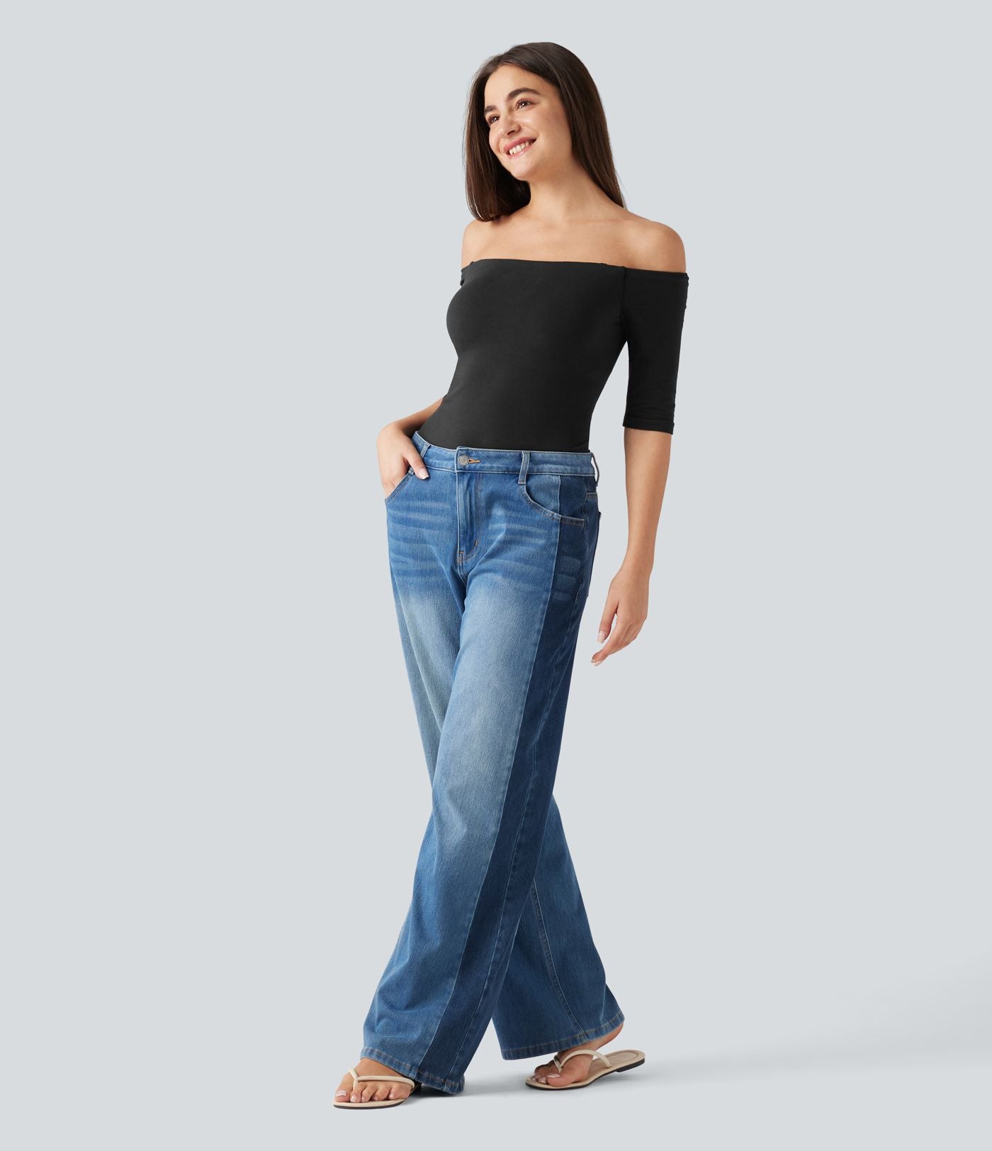 T-shirt décontracté Halara Cotton Jersey épaules dénudées à manches mi-longues, bretelles amovibles et coussinets amovibles, bonnets B à E