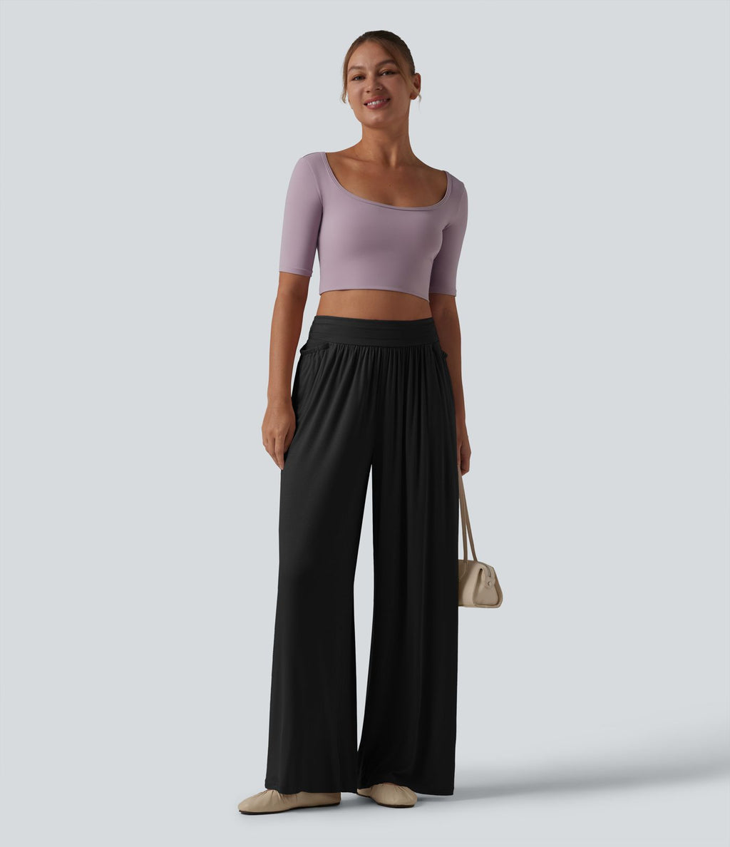 Pantalon ample décontracté côtelé taille haute ventre plat avec poches