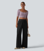 Pantalon ample décontracté côtelé taille haute ventre plat avec poches