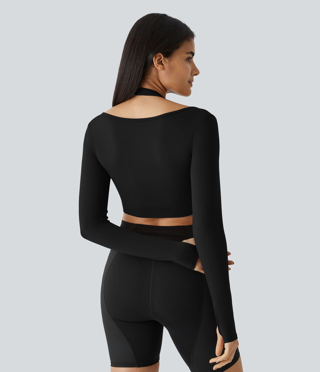 Softlyzero™ Plush Top Sport Yoga Manches Longues Trou pour le Pouce Dos Nu Col Halter