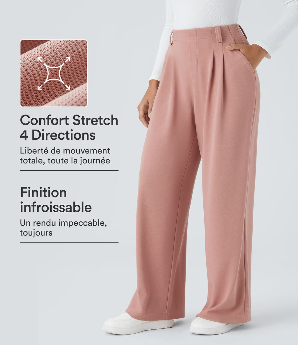 Halara Flex™ Pantalon Tailleur en tissu gaufré à taille haute, jambes larges, plis et poches latérales