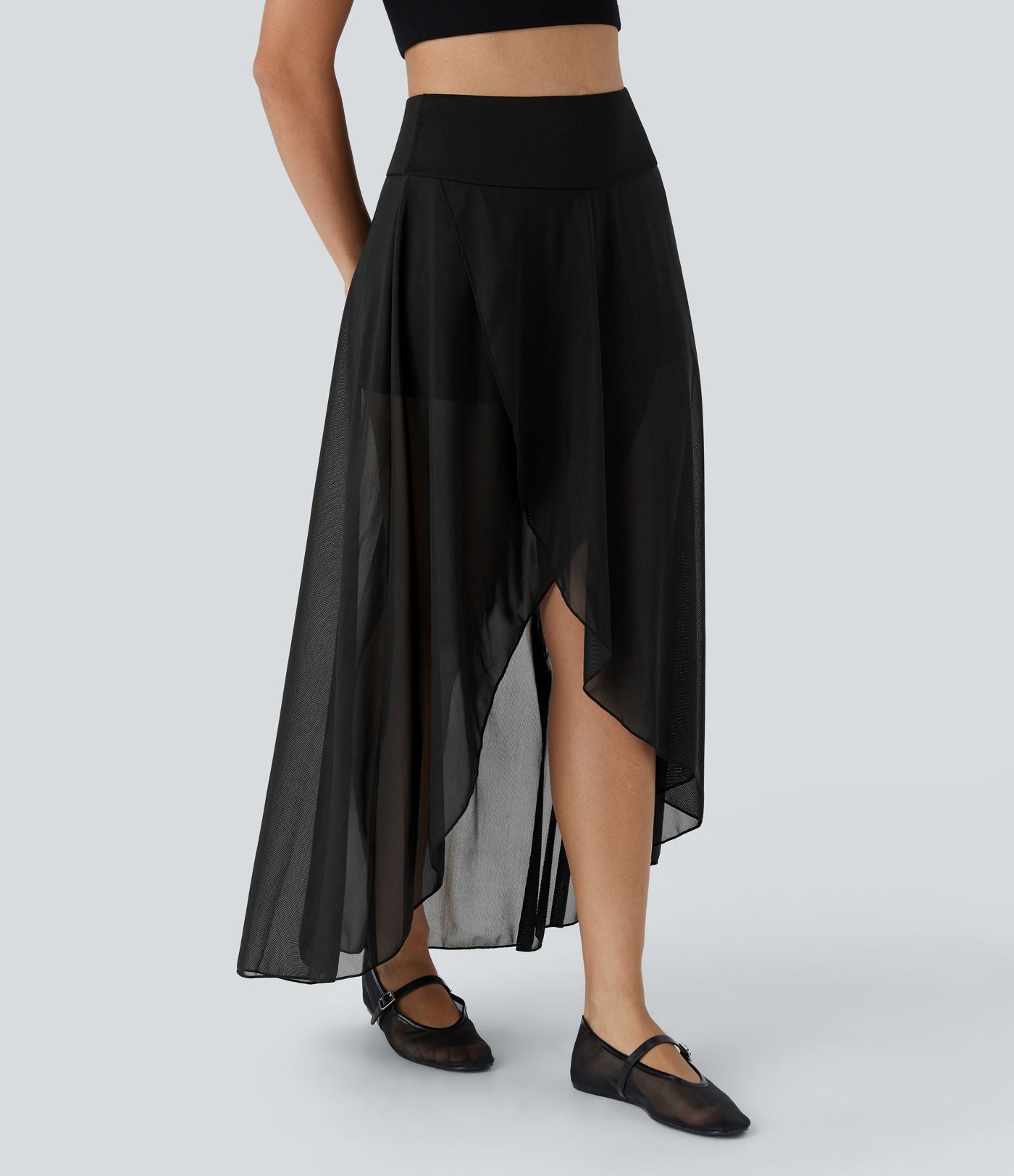 Jupe Longue Fluide Taille Haute à Volants 2 en 1 Poche Latérale Évasée en Mesh Casual Quotidien