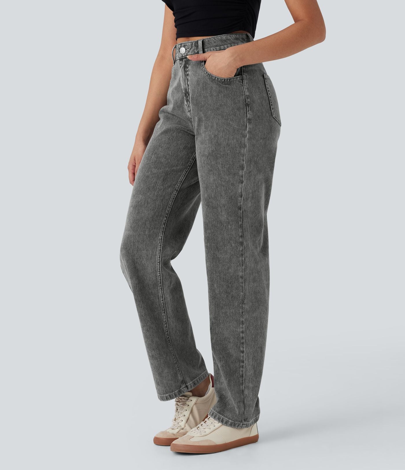 Halara Flex™ Jean droit extensible à taille haute avec bouton, fermeture éclair et poches multiples