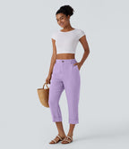 Pantalon capri effet lin taille haute avec poches zippées