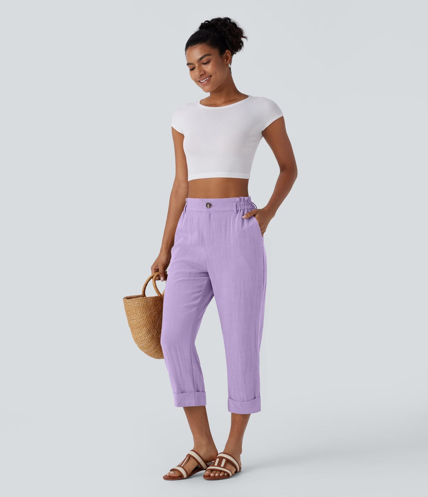 Pantalon capri effet lin taille haute avec poches zippées