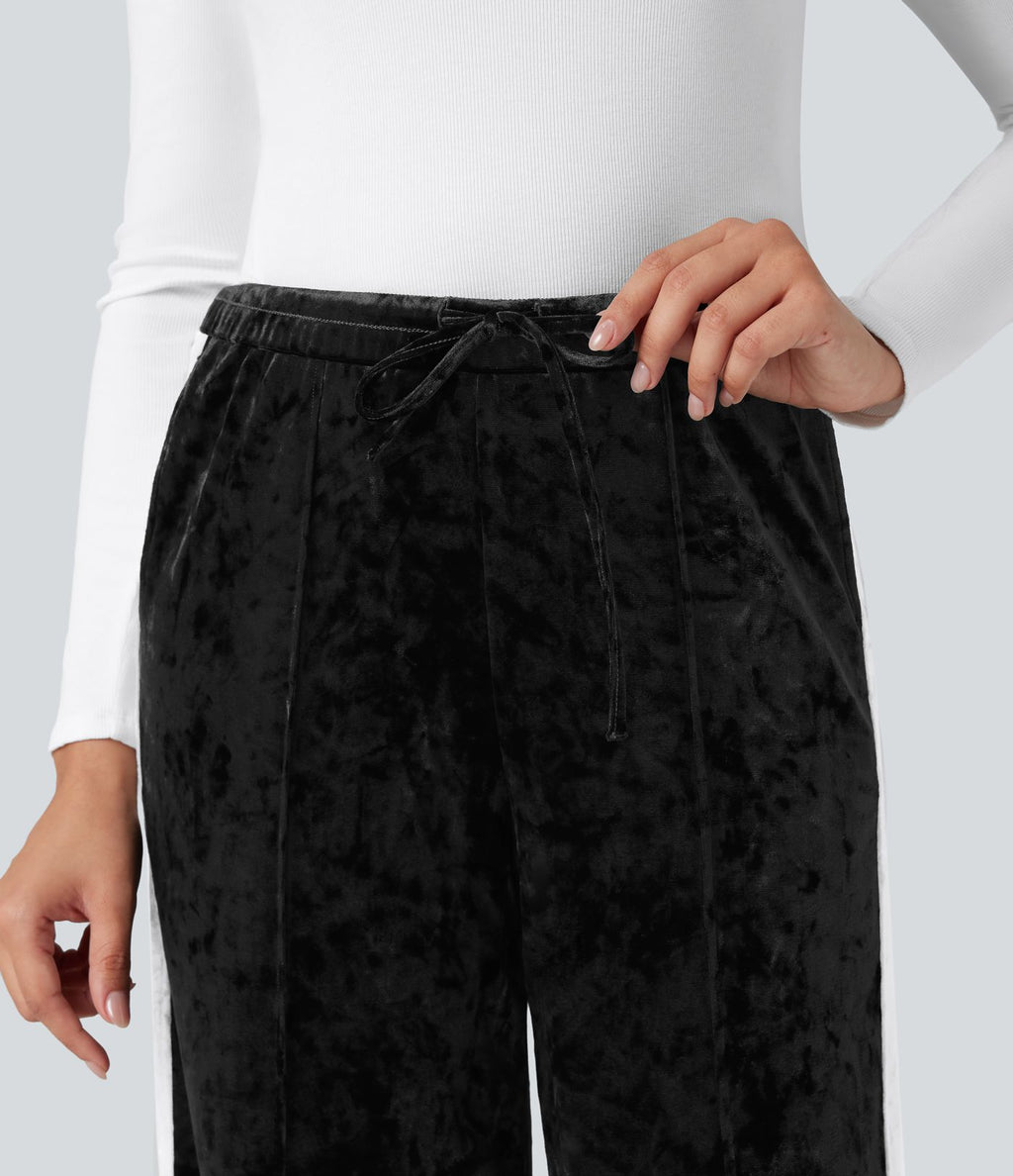 Pantalon velours coupe droite color block taille mi-haute avec cordon de serrage et poches