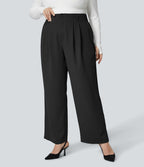 Pantalon Tailleur Droite Taille Haute Boutonnés Fermeture Éclair Plissé Poches Latérales Froncé Grande Taille