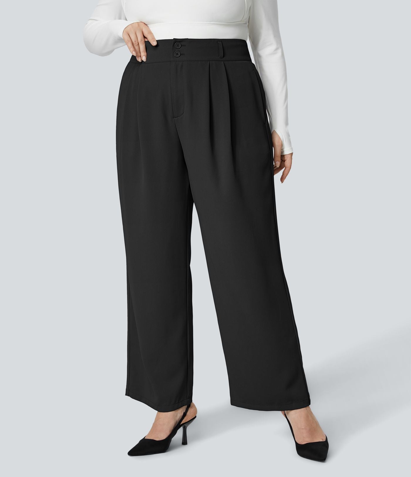 Pantalon Tailleur Droite Taille Haute Boutonnés Fermeture Éclair Plissé Poches Latérales Froncé Grande Taille