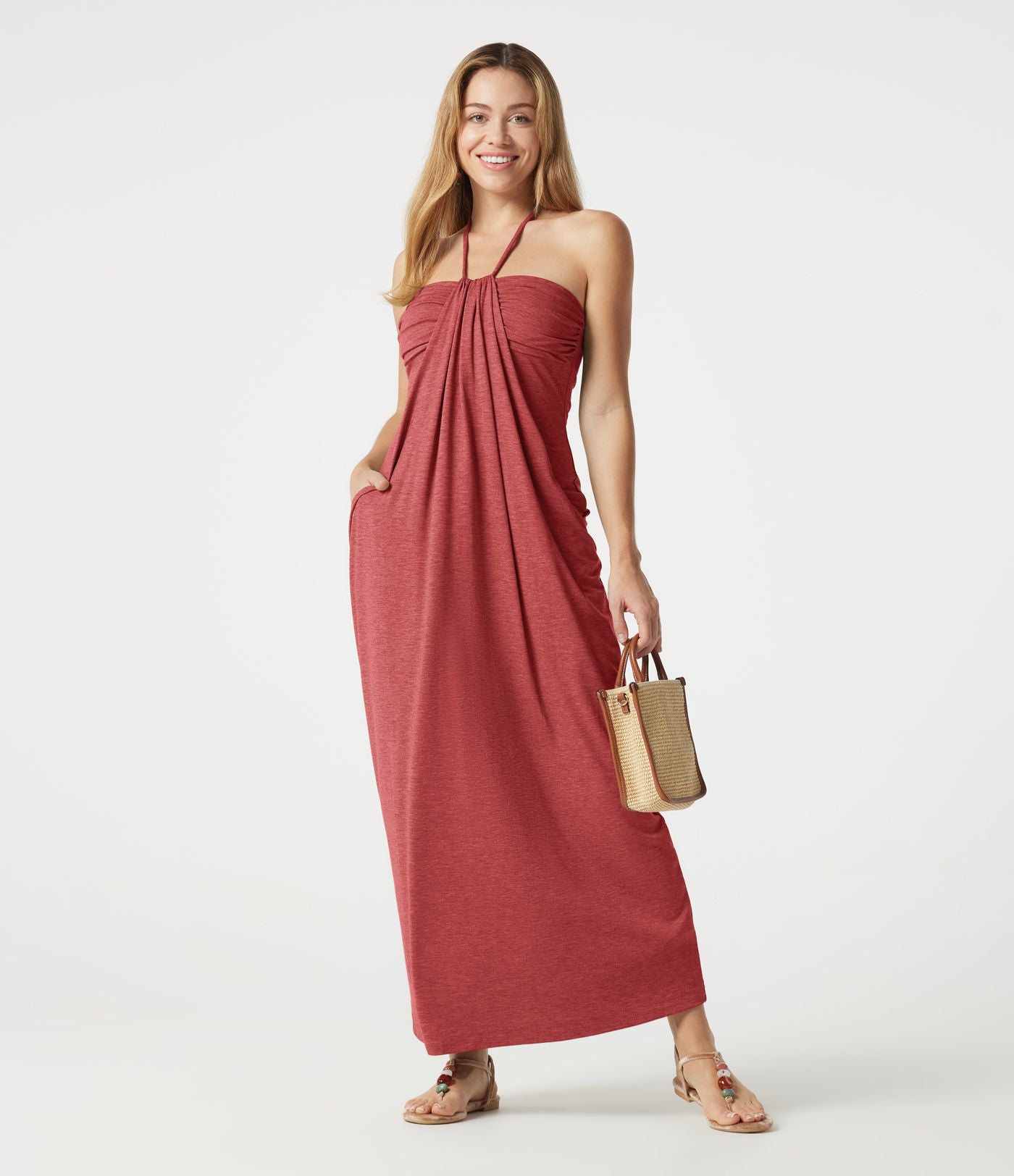 Robe longue chinée dos-nu à nouer, brassière intégrée, à poches
