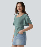 T-shirt décontracté maille côtelée col carré manches papillon froncé