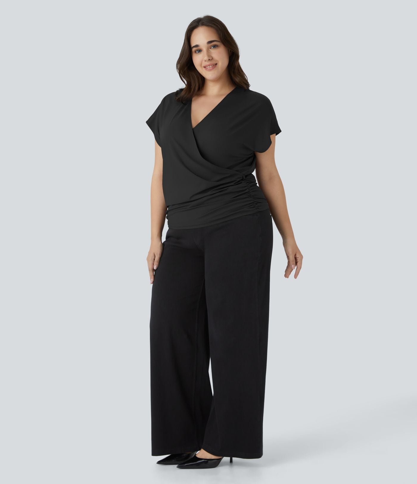 Blouse Travail Unie Froncée Croisée Manches Courtes Col en V Grande Taille