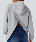 Sweat-shirt décontracté à capuche avec cordon de serrage, manches longues, poche kangourou, coupe croisée et fente