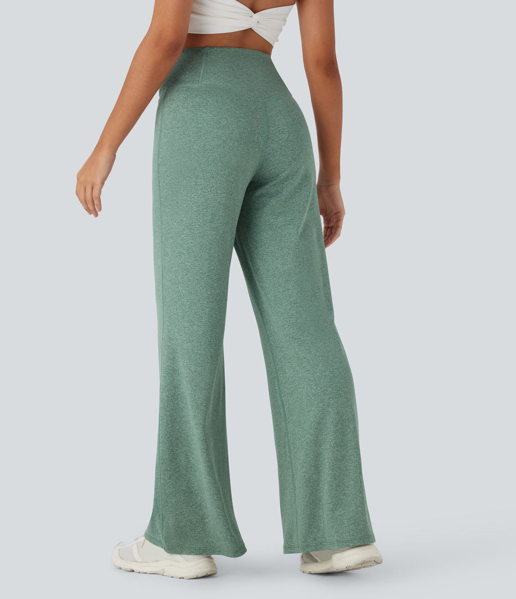Pantalon de yoga à jambe large avec taille haute croisée et poche arrière
