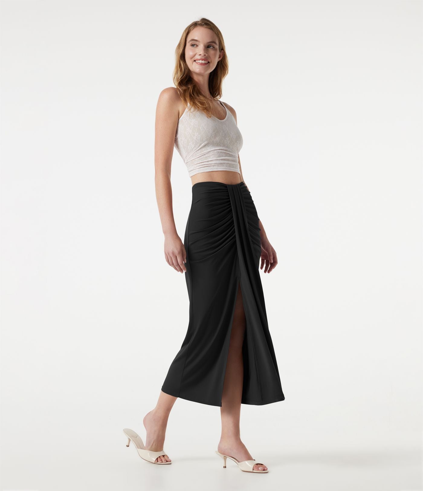 Jupe midi moulante taille haute froncée