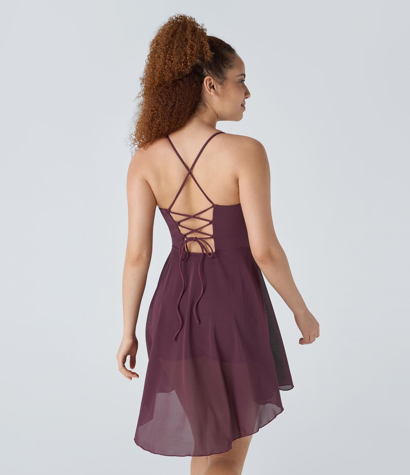 Robe de sport danse mini 2-en-1 laçage asymétrique résille contrastante fluide avec poche A-D