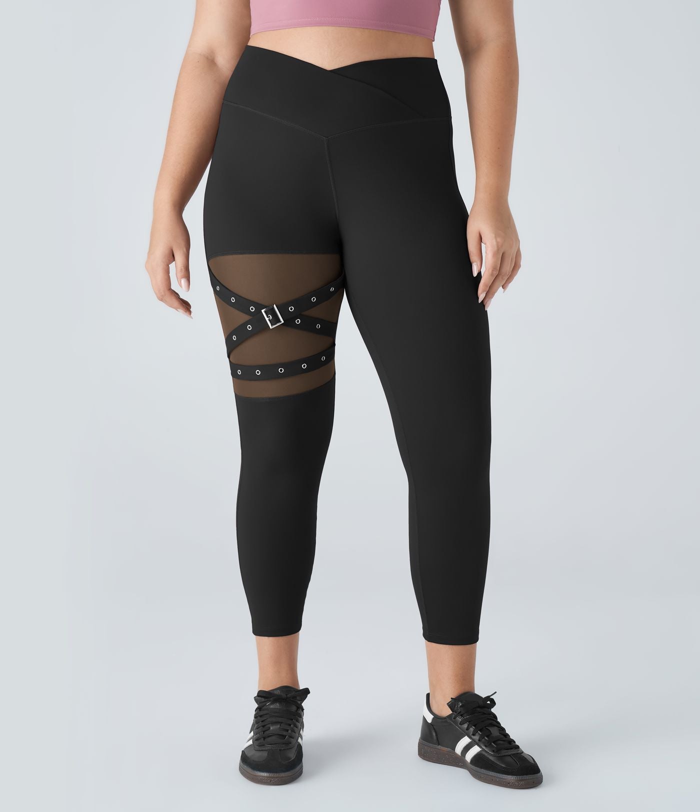 Legging yoga grande taille croisé taille haute avec mesh contrastant et boucle décorative DayStretch