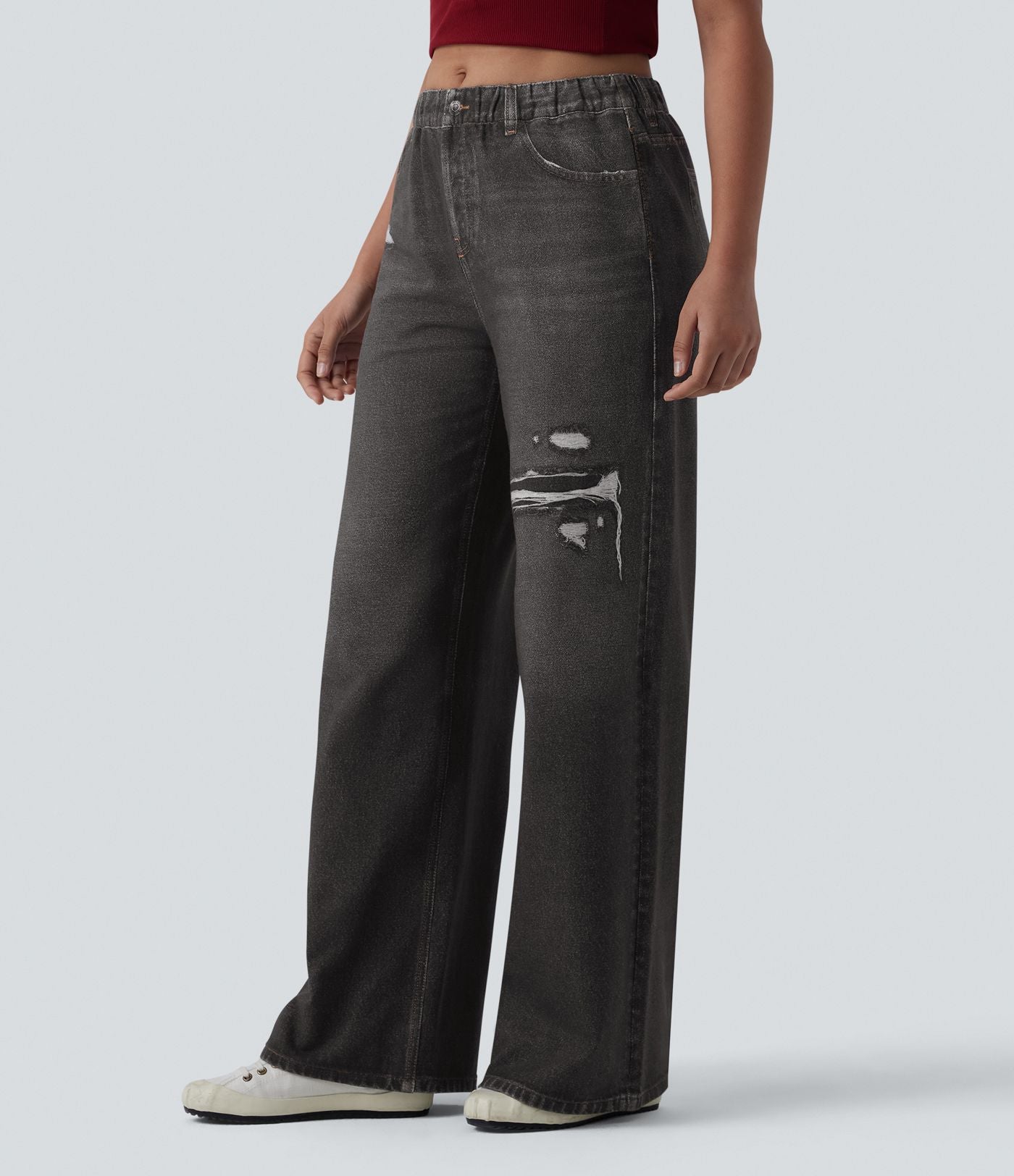Jogging jean décontracté en molleton French Terry imprimé denim taille mi-haute avec poches