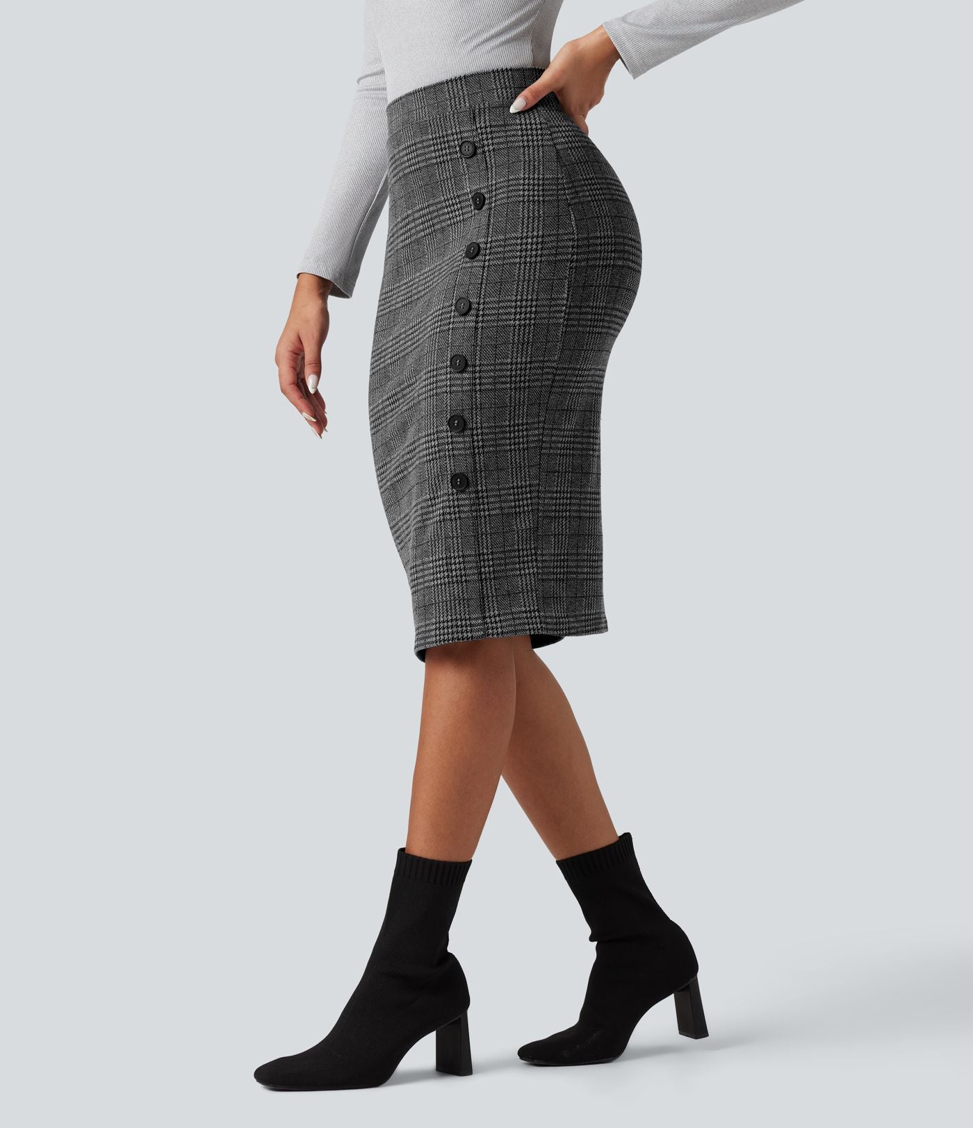 Jupe tailleur moulante pied-de-poule à carreaux longueur genou taille haute