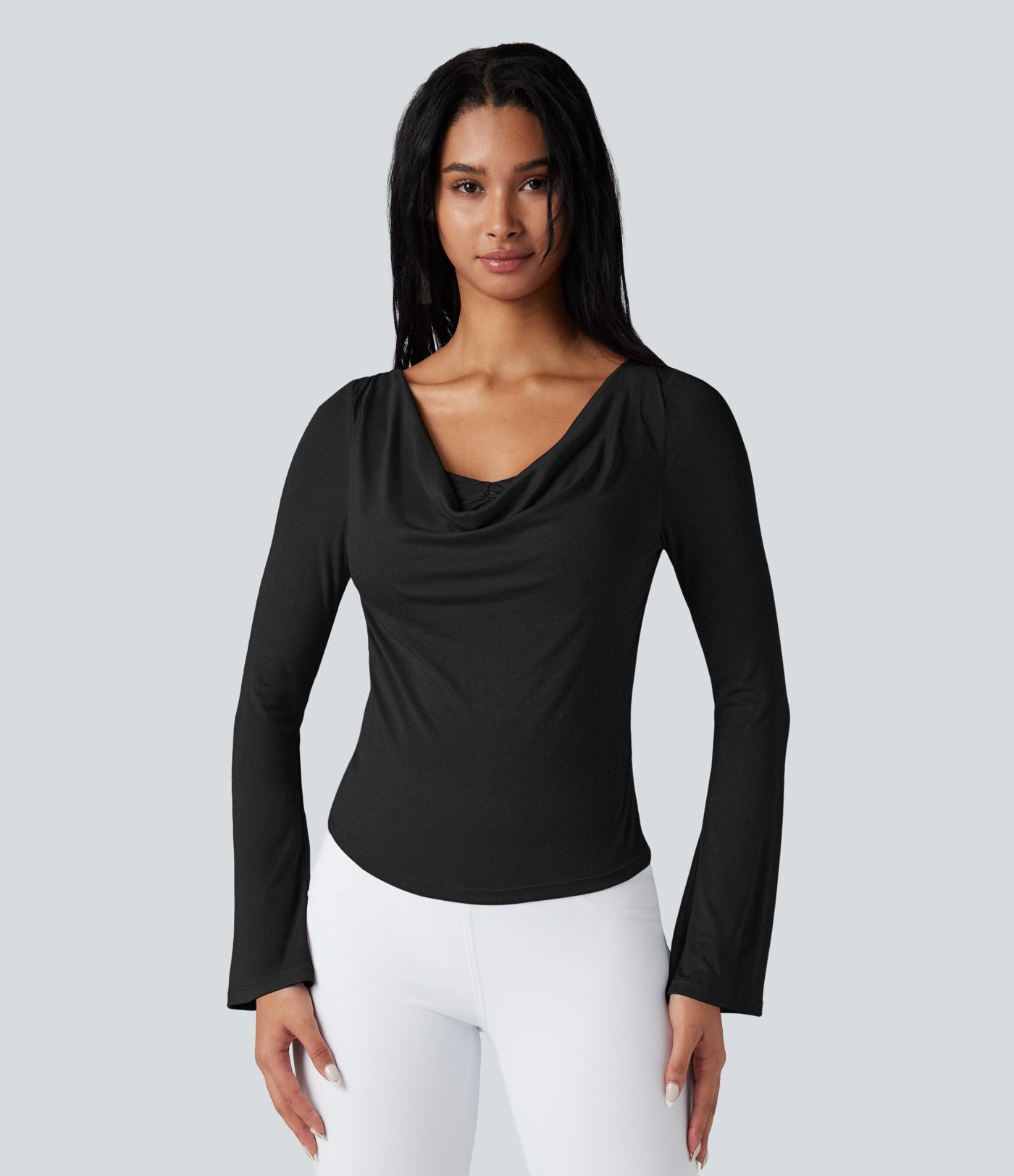 Top de sport danse côtelé col bénitier manches longues