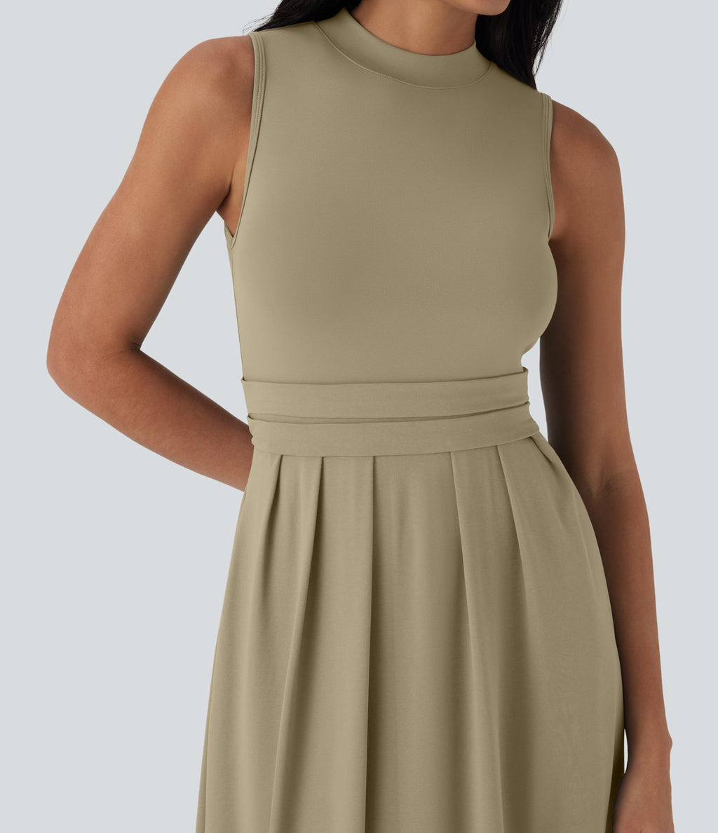 Robe longue décontractée sans manches à col montant, coupe évasée et poches latérales