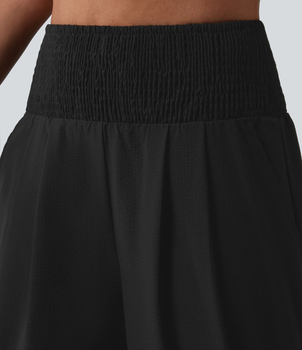 Pantalon large taille haute en tissu froissé froncé séchage rapide avec poches