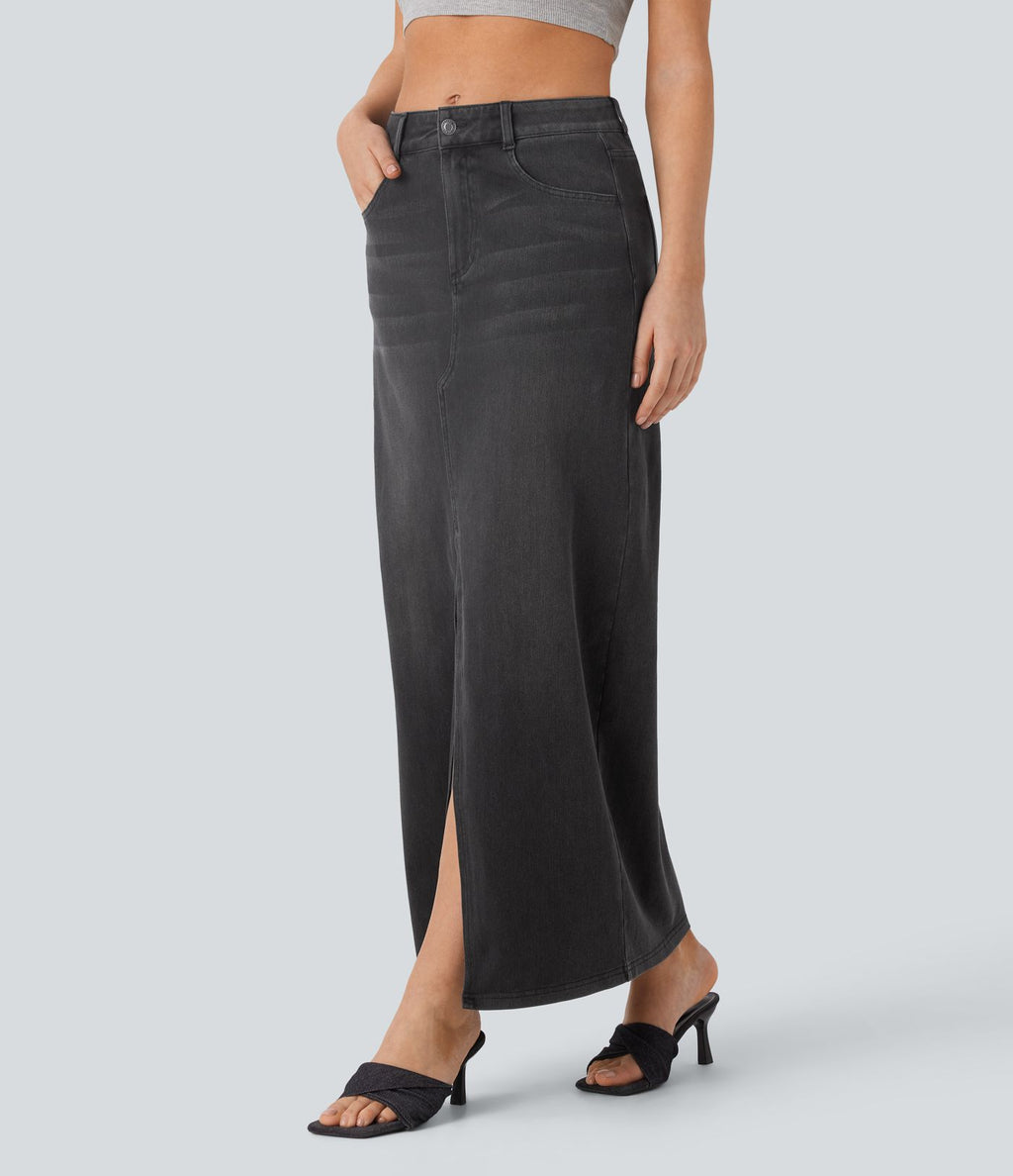 Halara Flex™ Jupe en Jean longue décontractée extensible délavé taille moyenne avec fente et multiples poches