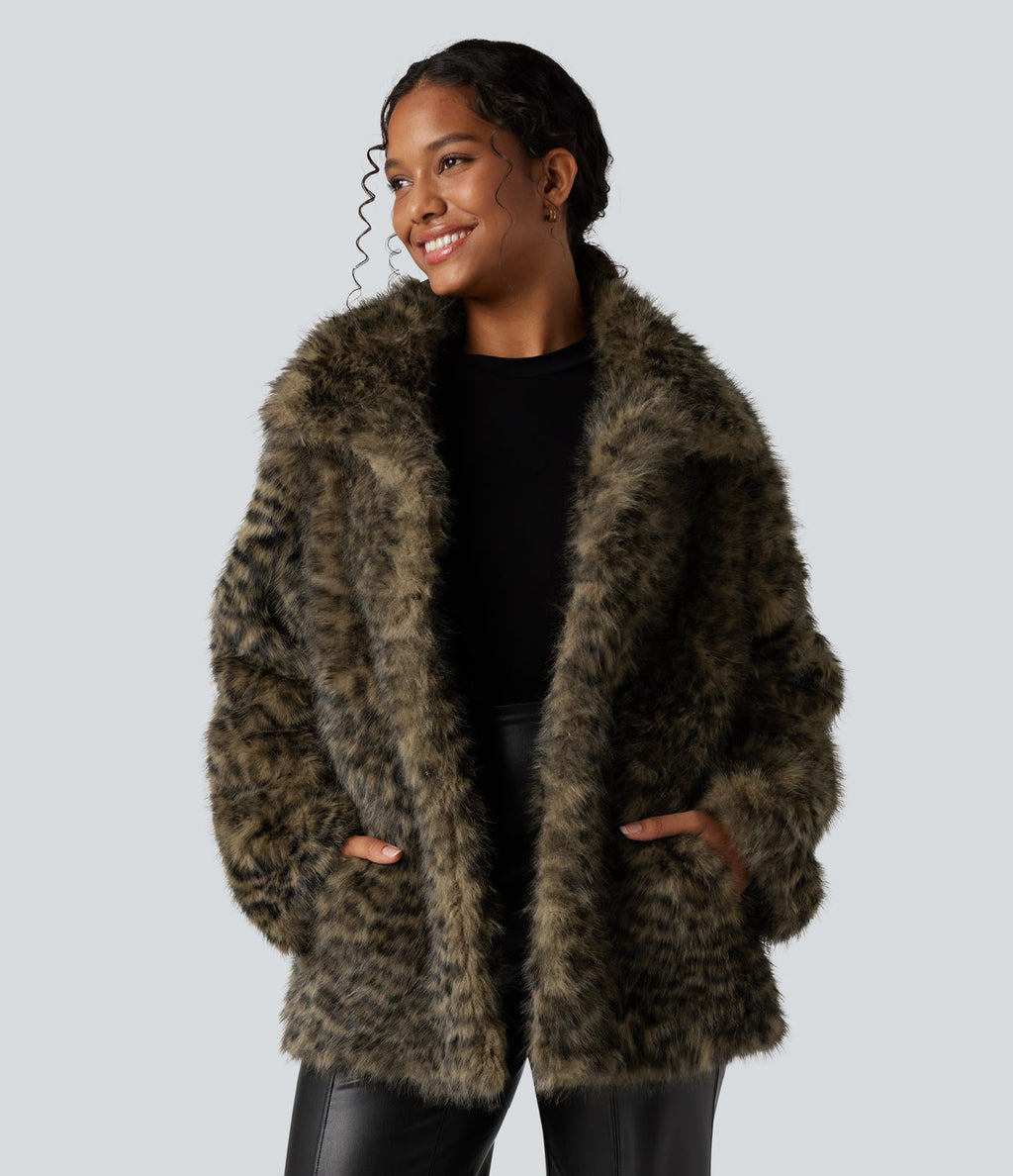 Manteau fausse fourrure col chemise manches longues avec poches
