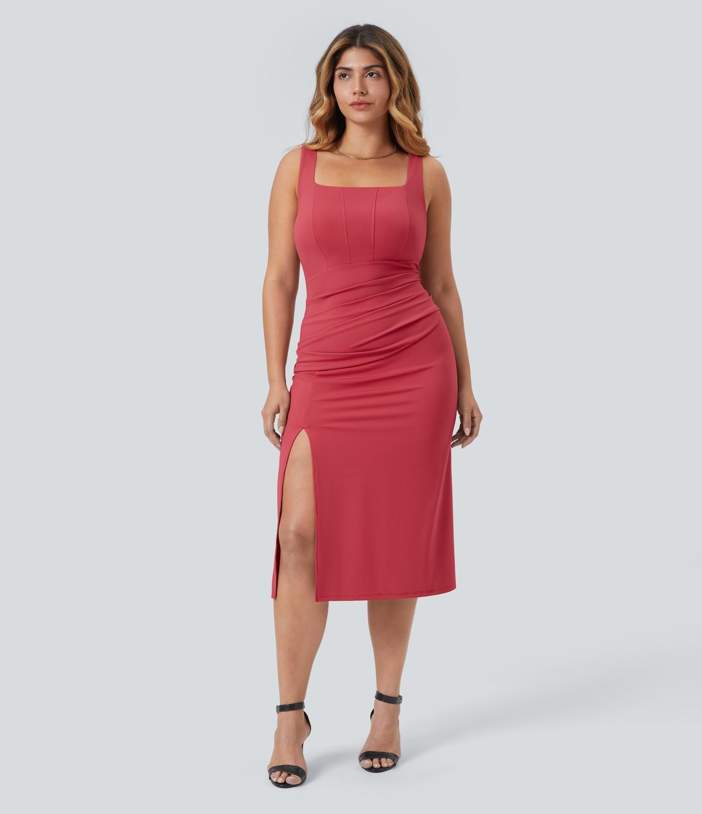 Softlyzero™ Robe Casual Midi Grande Taille Corset Moulante Encolure Carrée Dos Nu Ruchée