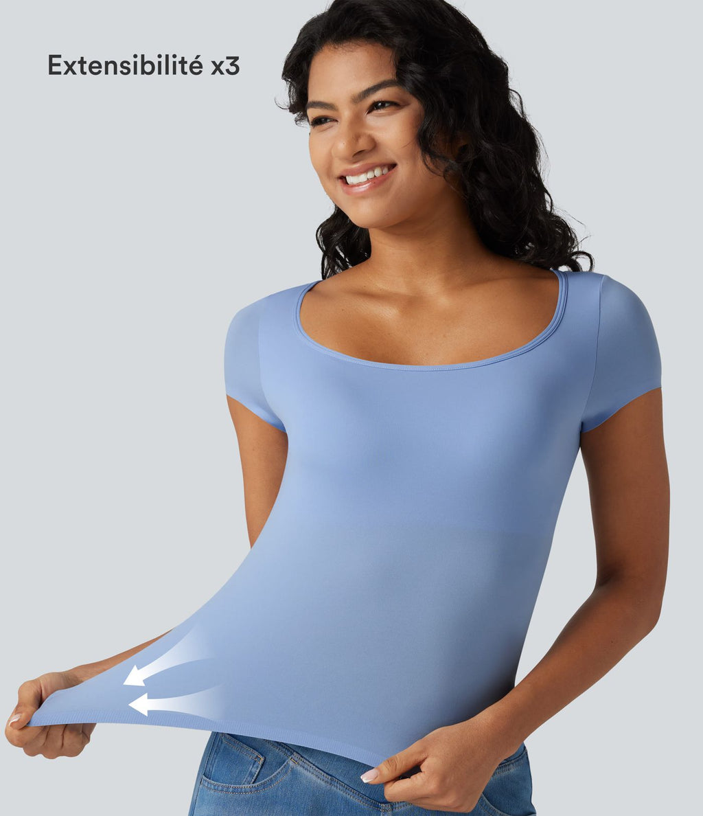 T-shirt décontracté à manches courtes, col carré, soutien-gorge intégré et grande élasticité, bonnets B à DD