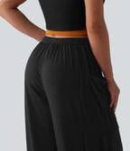 Pantalon large décontracté chiné taille mi-haute avec cordon de serrage avec poches