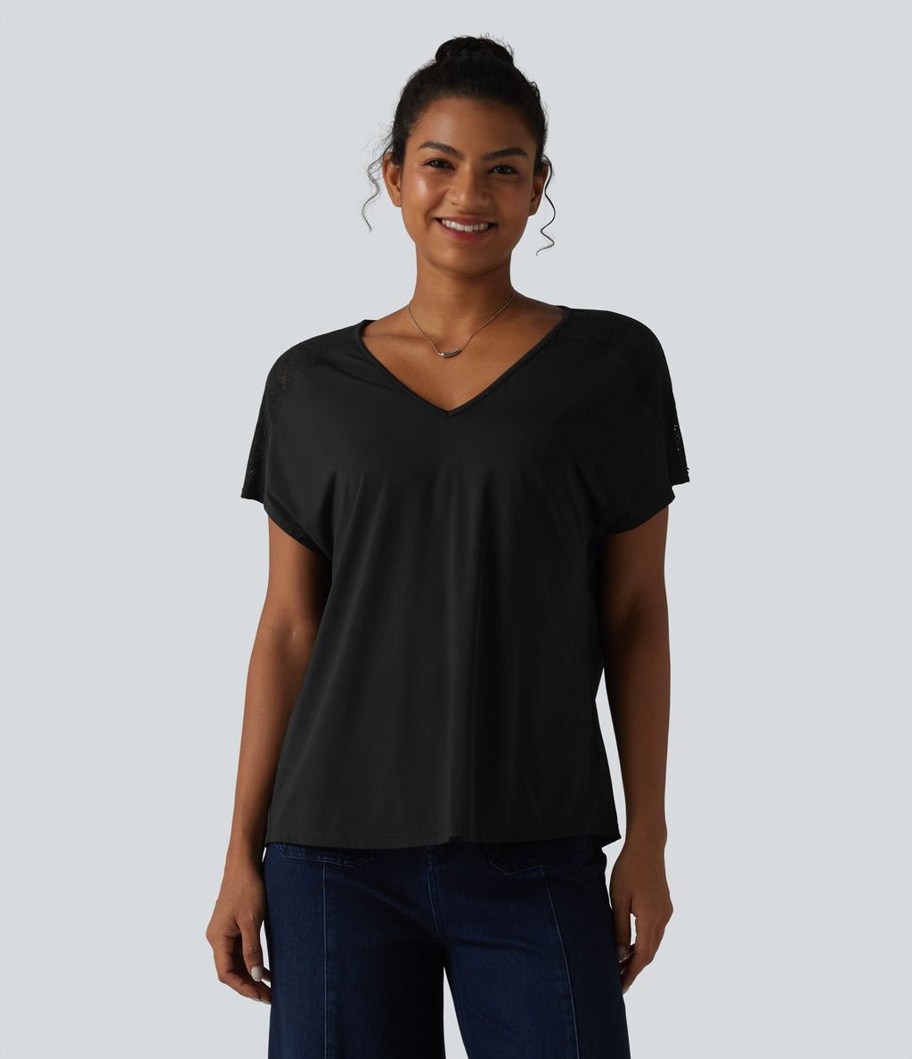 Haut décontracté col V manches chauve-souris courtes avec dentelle contrastée effet frais InstantCool séchage rapide, protection solaire UPF50+