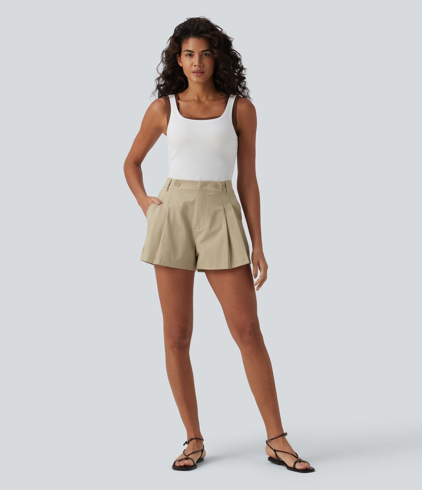 Short casual popeline stretch plissé taille mi-haute 7,5 cm avec poches