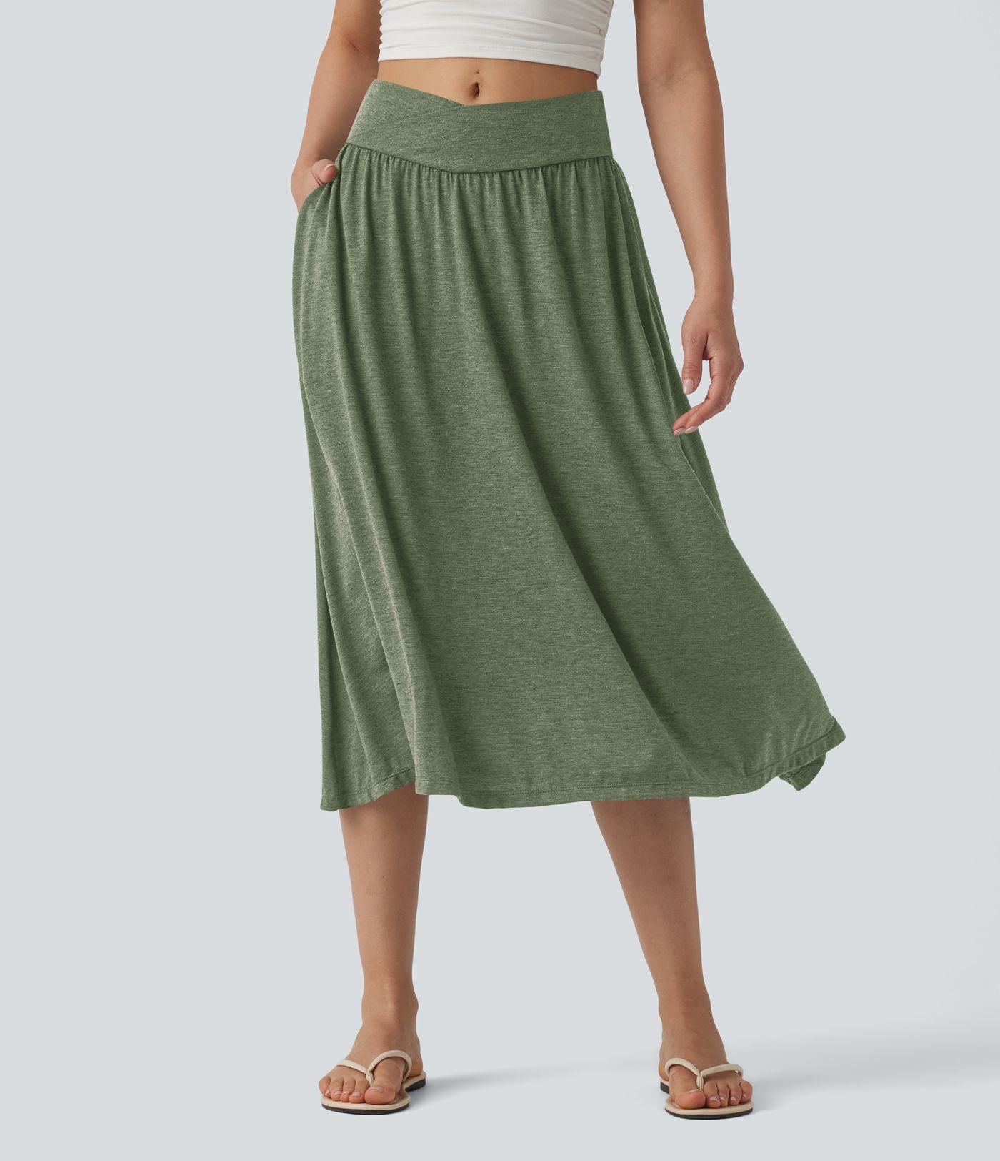 Jupe midi casual fluide croisée taille haute avec poches