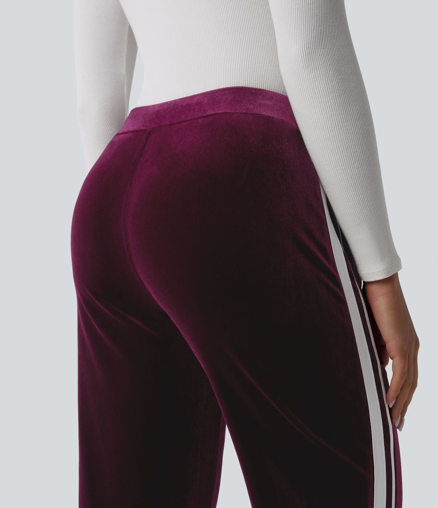 Pantalon évasé en velours taille basse color block à rayures avec poches