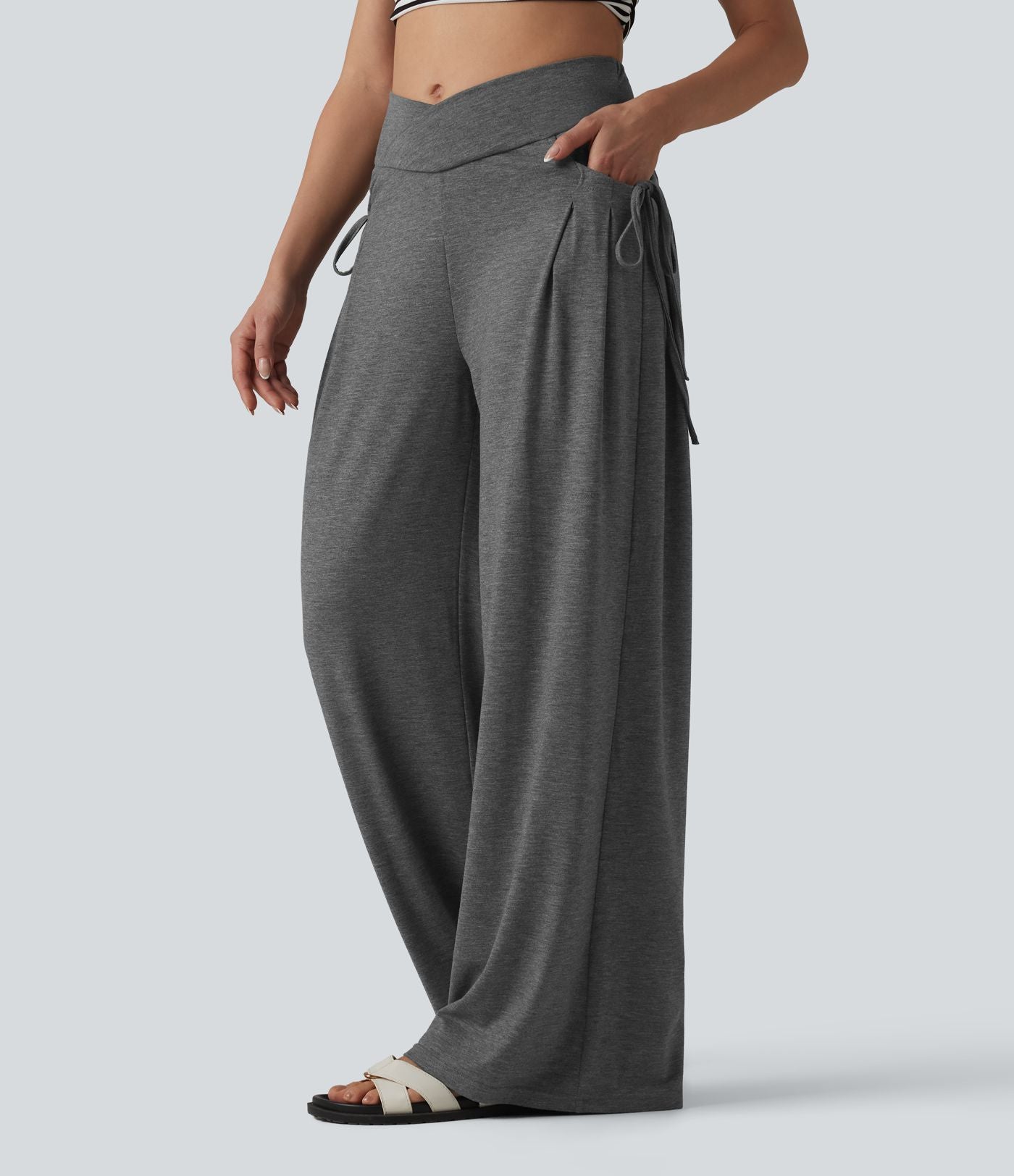 Pantalon casual large ample chiné taille haute croisé à lacets avec poches