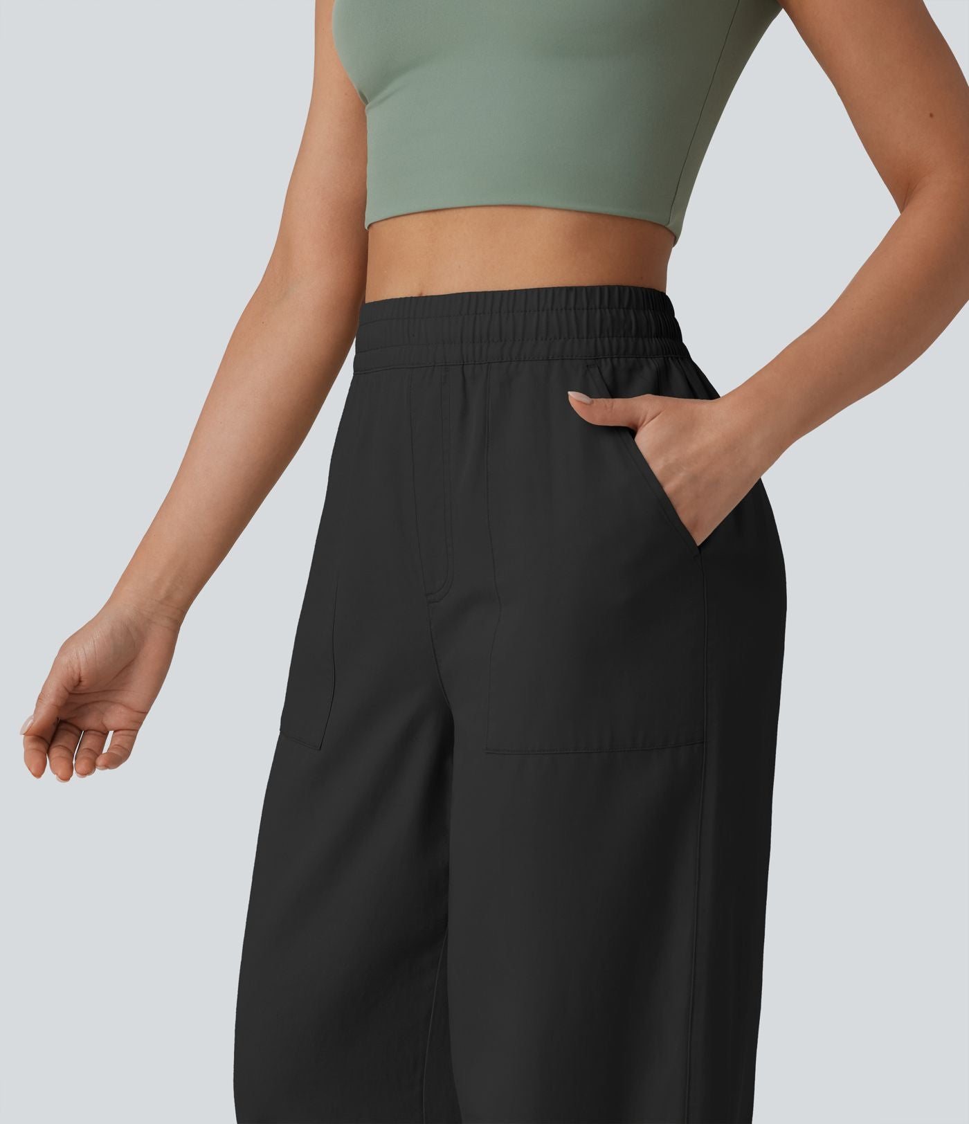Pantalon large fluide décontracté taille haute en lyocell et lin mélangé avec cordon de serrage intérieur et poches