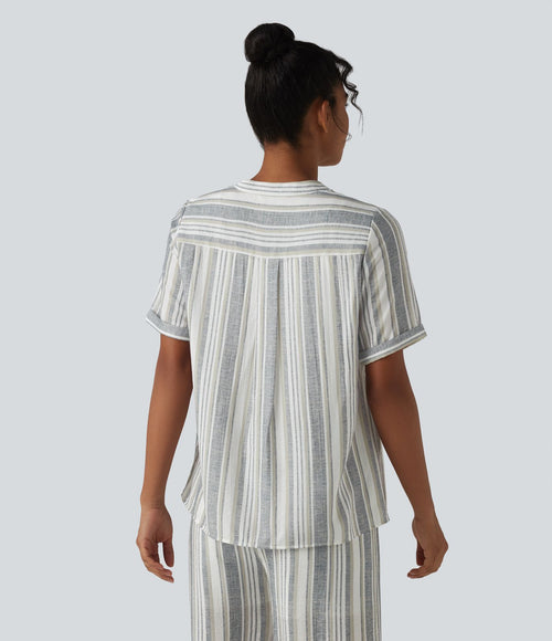Blouse décontractée col V manches courtes à rayures