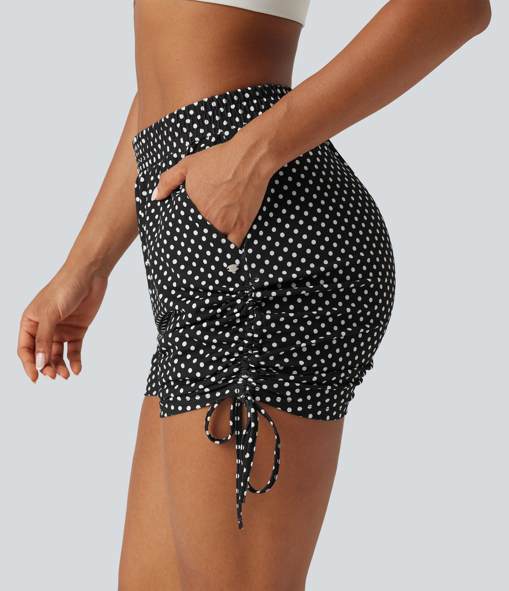 Short à pois 8 cm taille mi-haute avec bas froncé, laçage et poches