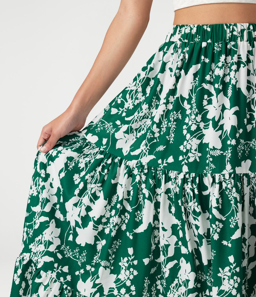 Jupe longue fluide taille haute à volants superposés imprimé floral pour les vacances