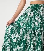 Jupe longue fluide taille haute à volants superposés imprimé floral pour les vacances