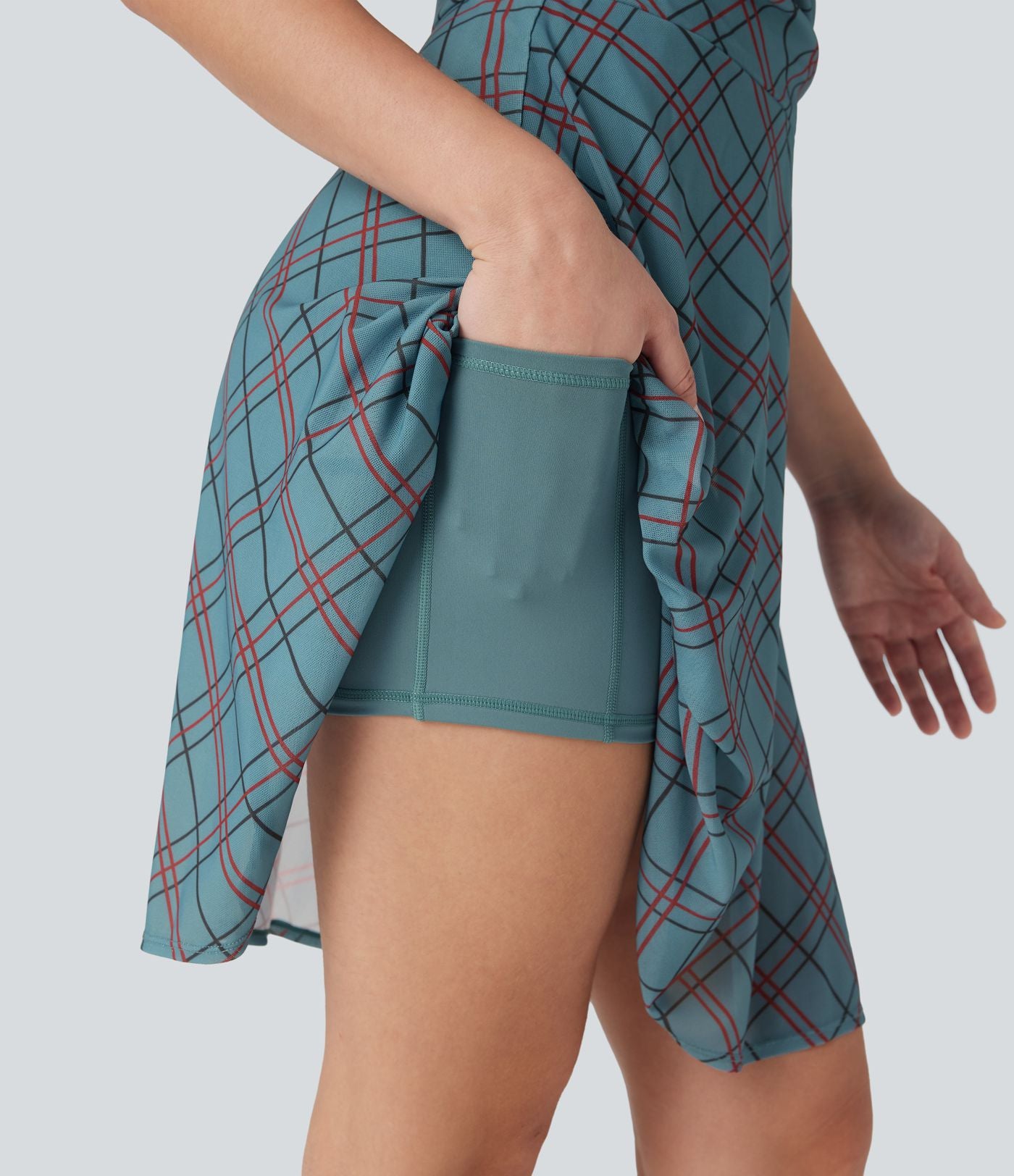 Robe mini décontractée 2-en-1 sans manches à carreaux avec empiècements mesh contrastés et poche latérale