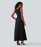 Robe longue fluide casual col U sans manches avec poches