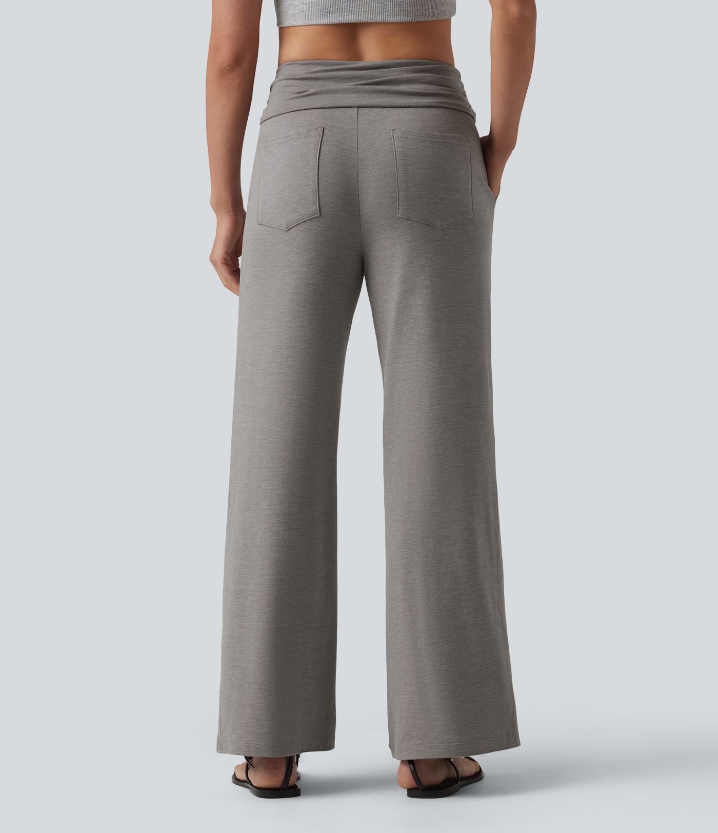 Pantalon casual évasé chiné taille mi-haute à ceinture rabattable, fronces et cordon de serrage avec poches