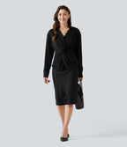 Chemise esprit bureau défroissage facile, col V, dentelle contrastée, manches longues, lien au dos et détail torsadé