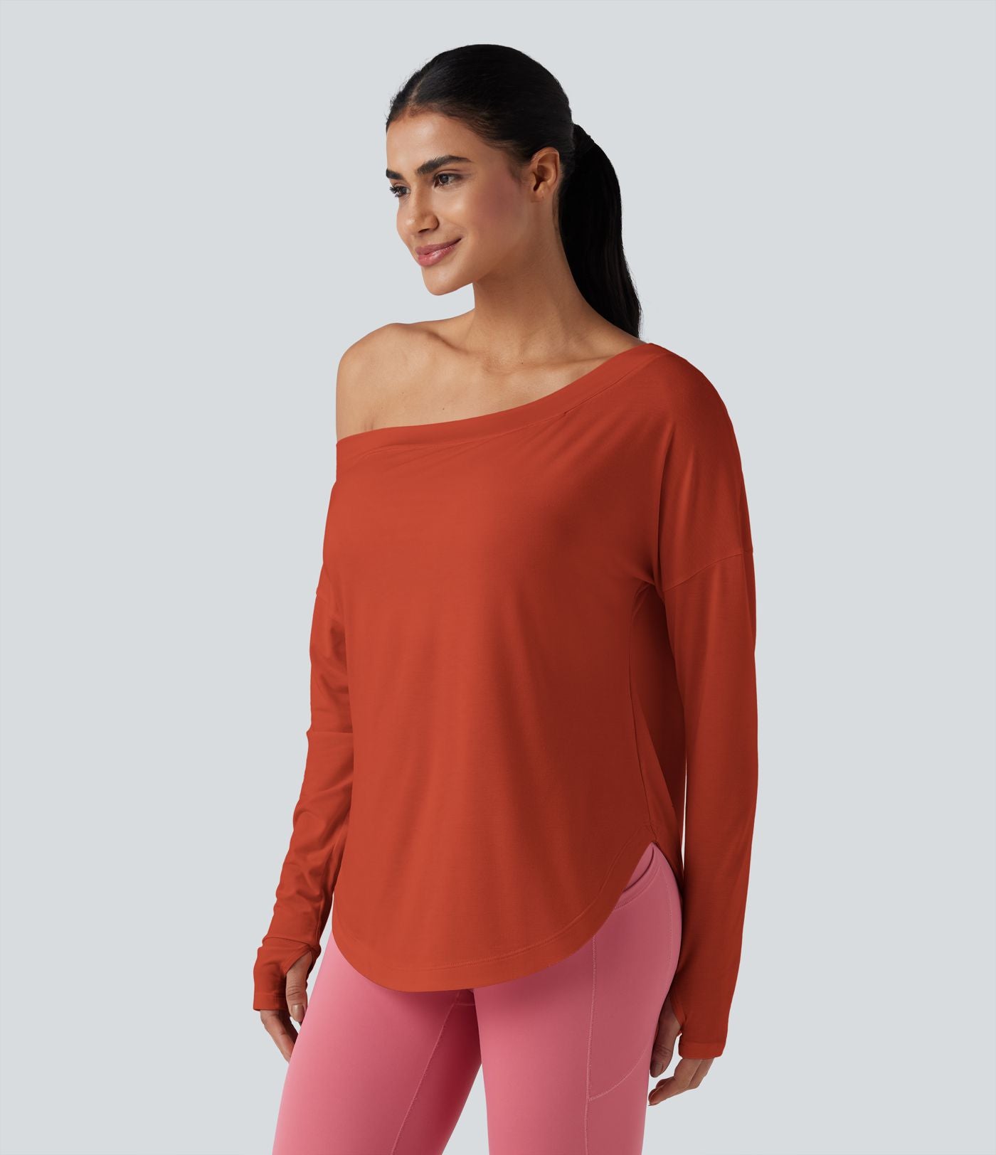Top de sport yoga une épaule séchage rapide ourlet arrondi asymétrique manches longues avec trous pouces - Brassière intégrée
